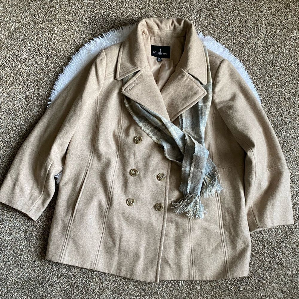 London Fog Wool Blend Pea Coat Tan with Scarf Button Front Womens Size 2X